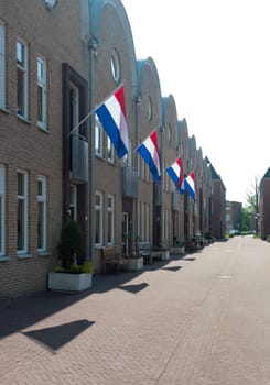 several dutch flags hanging in a residential street during queens day in the Netherlands