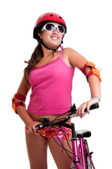 Beautiful young girl with a bicycle isolated in white