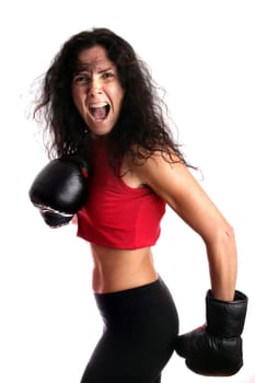 Young girl with boxing glove isolated in white