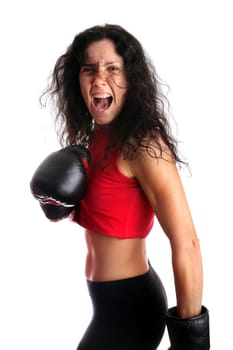 Young girl with boxing glove isolated in white