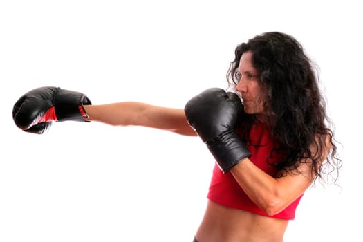 Young girl with boxing glove isolated in white