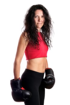 Young girl with boxing glove isolated in white