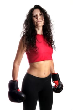 Woman with boxing glove isolated in white