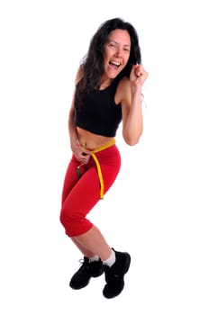 Mature fit woman with measuring tape isolated in white