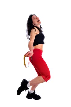 Mature fit woman with measuring tape isolated in white