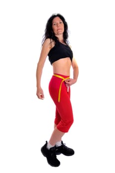 Mature fit woman with measuring tape isolated in white