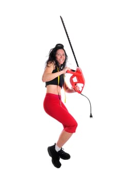 Mature fit woman with measuring tape and saw isolated in white