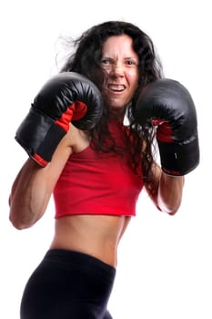 Young girl with boxing glove isolated in white