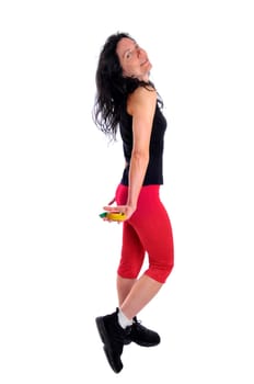 Mature fit woman with measuring tape isolated in white