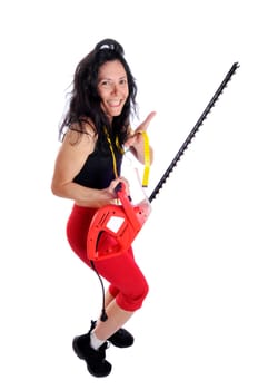 Mature fit woman with measuring tape and saw isolated in white