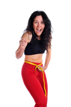 Mature fit woman with measuring tape isolated in white