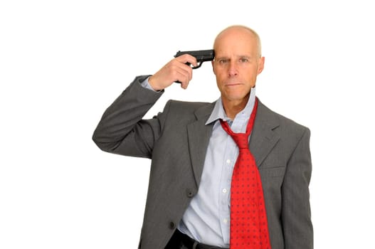 Mature man with a gun isolated in white