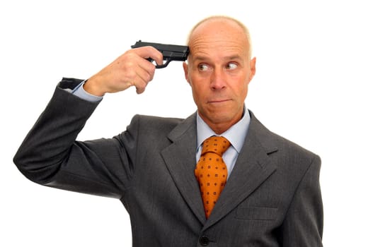 Mature man with a gun isolated in white