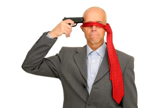 Mature man with a gun isolated in white