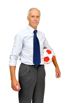 Businessman with a soccer ball isolated in white