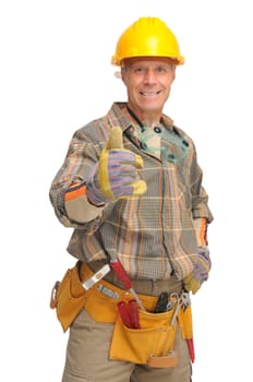 Worker with hat and tools isolated in white