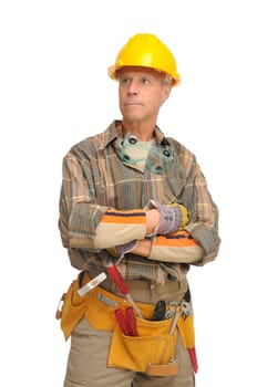 Worker with hat and tools isolated in white