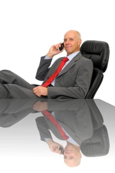 Mature executive calling a younger man for job offer isolated in white