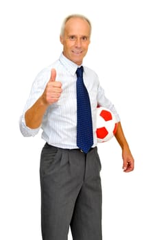Businessman with a soccer ball isolated in white