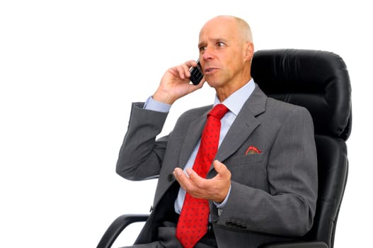 Mature man with cellphone isolated in white