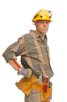 worker with glasses and hat isolated in white