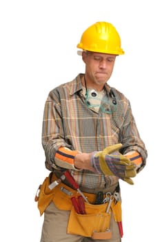 Worker with hat and tools isolated in white