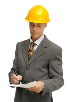 Mature engineer isolated in white