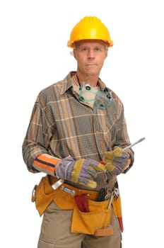 Worker with hat and tools isolated in white