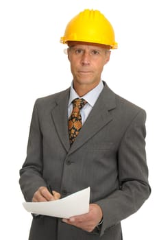 Mature engineer isolated in white