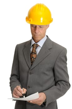 Mature engineer isolated in white