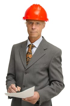 Mature engineer isolated in white