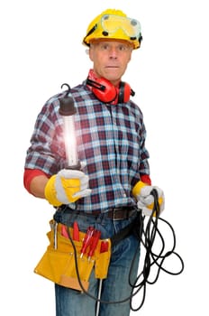 Mature construction worker isolated in white