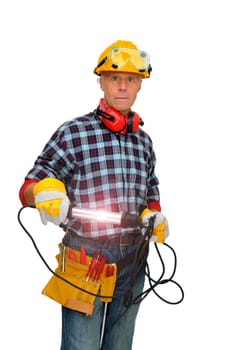 Mature construction worker isolated in white