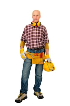 Mature construction worker isolated in white