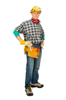Mature construction worker isolated in white