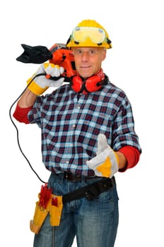 Mature construction worker isolated in white