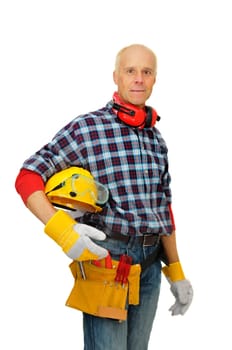 Mature construction worker isolated in white