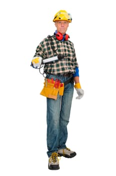 Mature construction worker isolated in white