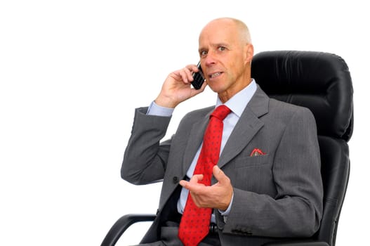 Mature man with cellphone isolated in white