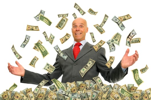 Businessman surrounded by dollar bills isolated against a white background