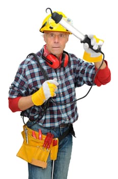 Mature construction worker isolated in white