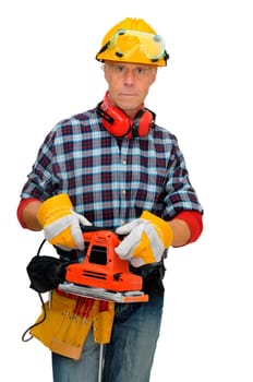 Mature construction worker isolated in white