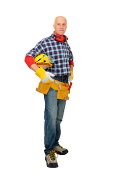 Mature construction worker isolated in white