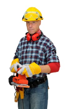 Mature construction worker isolated in white