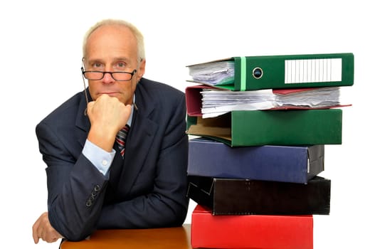 Worker with stack of files isolated in white