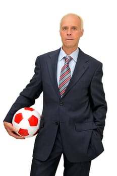 Businessman with soccer ball isolated in white