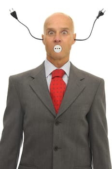 Businessman with plugs isolated against a white background