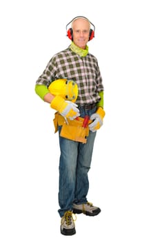 Mature construction worker isolated in white