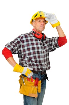 Mature construction worker isolated in white