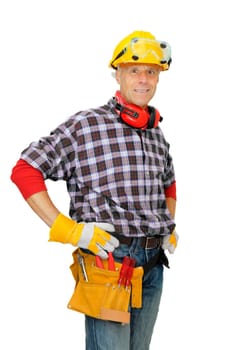 Mature construction worker isolated in white